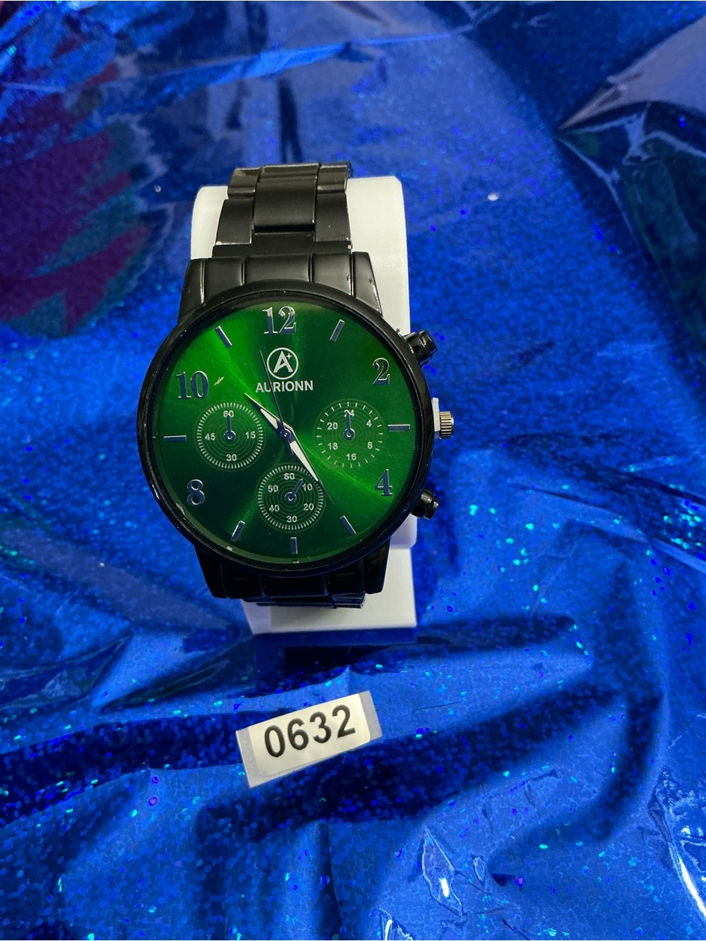Men's Black Metal Watch with Green Dial